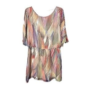 Gemma 100% Silk Dress Oversized XS Drawstring‎ Waist Colorful Short Slv #Q9-6